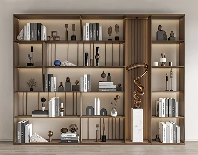 Elegant Modern Wooden Bookshelf Design With Multiple Shelves Books Trophies And Decorative Items 3d model