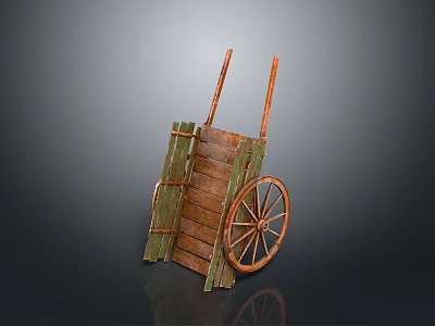Vintage Wooden Cart With Brown Planks Green Frames And Metal Wheels 3d model