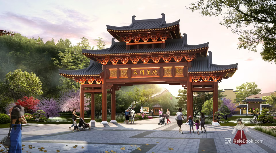 Traditional Chinese Archway with Curved Eaves and Inscription Board at Scenic Park Entrance 3d model 