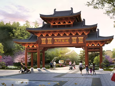 Traditional Chinese Archway with Curved Eaves and Inscription Board at Scenic Park Entrance 3d model