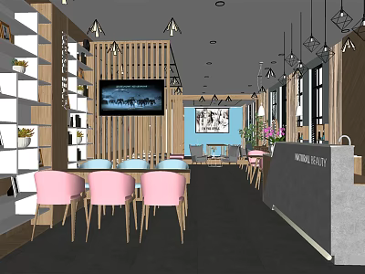 Modern Fashion Store Interior With Pink Chairs Counter Shelves And Pendant Lights 3d model