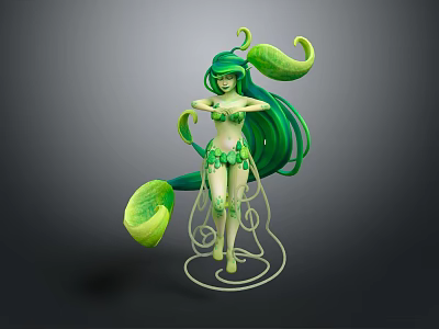 3D Game Movie Character With Green Long Hair And Plant Leaf Decorations 3d model