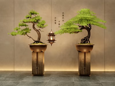 Elegant Pine Bonsai Trees in Copper Planters on Stone Pedestals with Hanging Lantern 3d model
