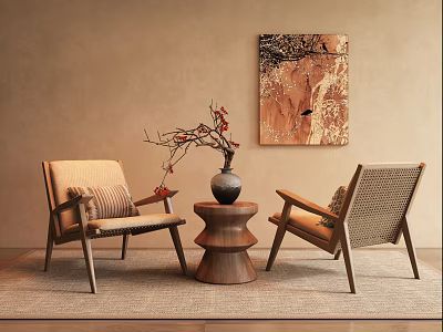 Lounge Chairs With Wooden Side Table Vase Decorative Branches And Abstract Painting On Neutral Wall 3d model