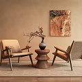Lounge Chairs With Wooden Side Table Vase Decorative Branches And Abstract Painting On Neutral Wall