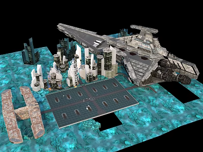 Cartoon Sci Fi Scene Featuring Large Starship Futuristic Buildings Blue Ground And 3D Structures 3d model