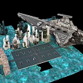 Cartoon Sci Fi Scene Featuring Large Starship Futuristic Buildings Blue Ground And 3D Structures