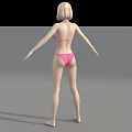 Woman wearing pink bikini standing with arms outstretched on gray floor against black background