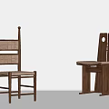 Two Wooden Chairs With Woven Back And Simple Structure Against Gray Wall