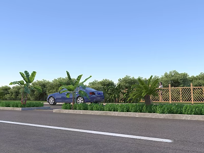 Municipal Road With Blue Car Palm Trees Green Vegetation And Wooden Fence 3d model