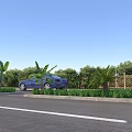 Municipal Road With Blue Car Palm Trees Green Vegetation And Wooden Fence