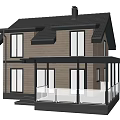 Modern Detached Villa With Wooden Exterior Large Windows Black Roof And Glass Railing Balcony