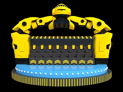 Mechanical Robot Shaped Amusement Equipment With Yellow Black Blue Circular Base Platform White Dots 3d model