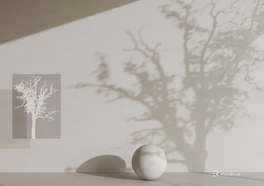 Arbor Shadow Projected On White Wall With White Ball On Tabletop In Minimalist Interior 3d model