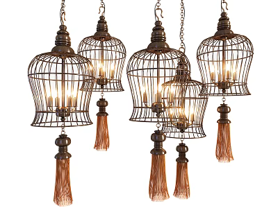 Elegant Vintage Birdcage Shaped Chandeliers with Metal Frame and Hanging Tassels 3d model
