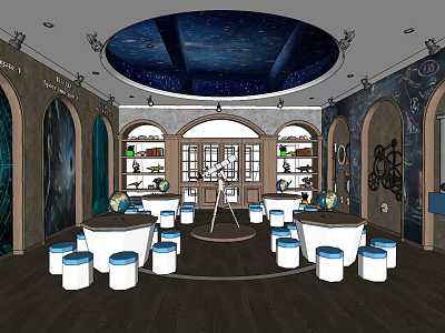 Kindergarten Interior With Starry Sky Ceiling Round Tables White Stools Bookshelves And Globes 3d model