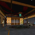 Traditional Interior Design With Orange Walls Wooden Beam Ceiling Red Draperies And Green Pendant Light