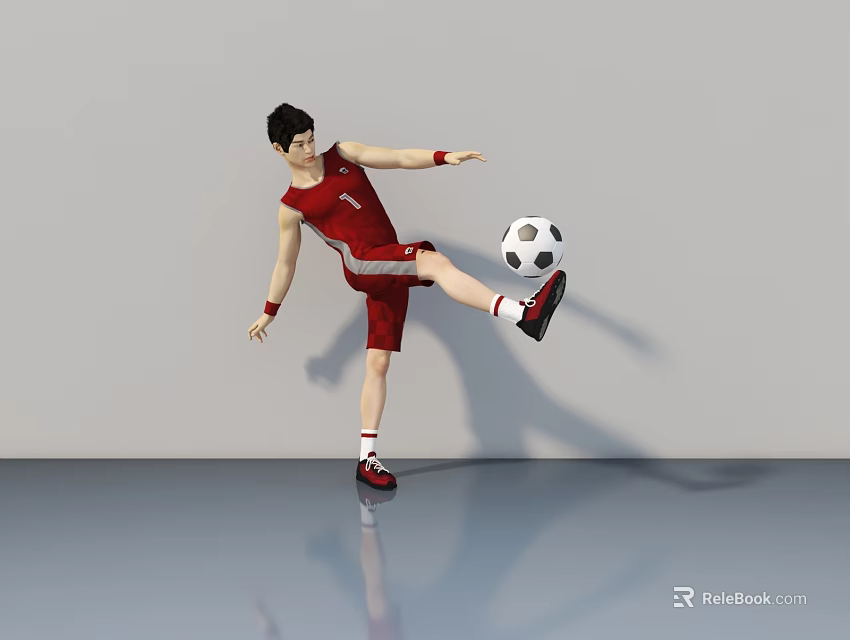 Man in Red Sportswear Kicking Soccer Ball on Smooth Floor with Gray Background 3d model 