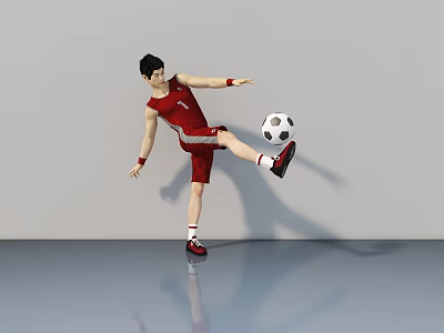 Man in Red Sportswear Kicking Soccer Ball on Smooth Floor with Gray Background 3d model