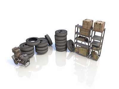Industrial Style Tire Rack Rubber Tire Metal Rack Wooden Case Stacked Industrial Tire Storage 3d model