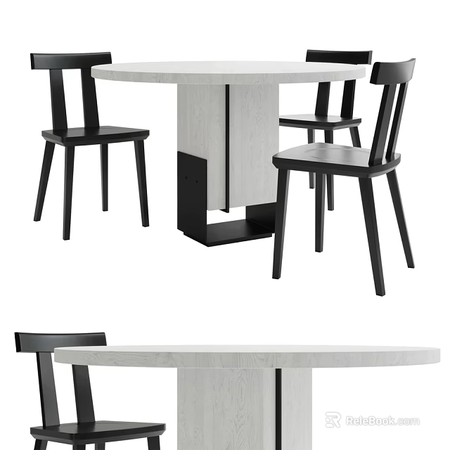 Round White Dining Table With Black Wooden Chairs Modern Set 3d model