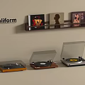 Poliform Modern Record Players With Vinyl Records On Wall Shelf Setup