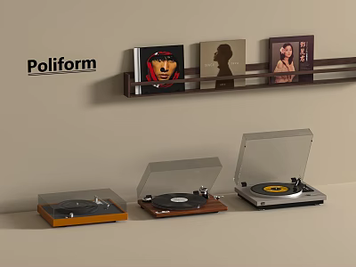 Poliform Modern Record Players With Vinyl Records On Wall Shelf Setup 3d model