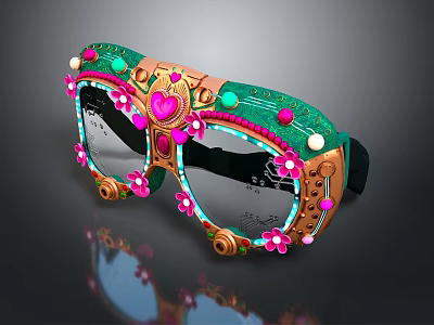 Stylish Decorative Goggles Adorned With Floral Heart Green Pink Golden Elements 3d model