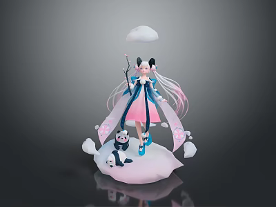 Game Anime Character Long Hair Blue Pink Outfit Holding Staff Small Animal On Cloud Platform 3d model