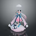 Game Anime Character Long Hair Blue Pink Outfit Holding Staff Small Animal On Cloud Platform