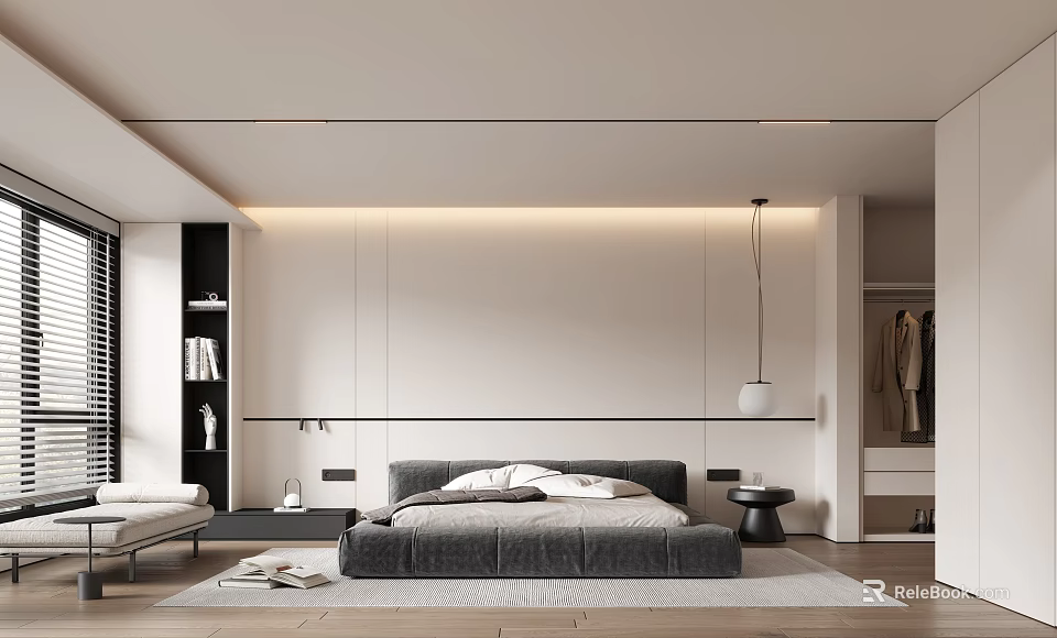 Modern Minimalist Bedroom Interior With Gray Platform Bed Lighted Headboard Wall And Wardrobe 3d model 