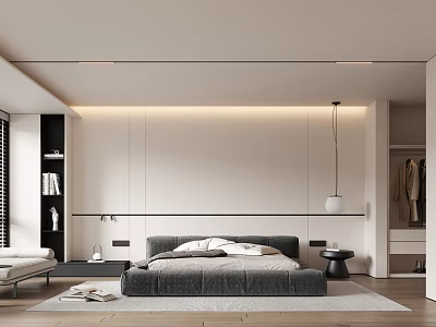 Modern Minimalist Bedroom Interior With Gray Platform Bed Lighted Headboard Wall And Wardrobe 3d model