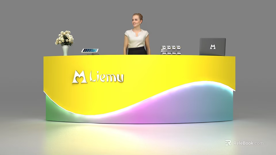 Modern Liemu Reception Desk With Yellow Curved Design Flower Vase Tablet And Laptop 3d model 