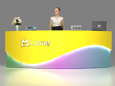 Modern Liemu Reception Desk With Yellow Curved Design Flower Vase Tablet And Laptop 3d model