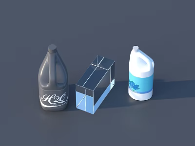 Industrial Equipment Featuring Three Different Containers Gray Bottle Transparent Cube And White Plastic Bucket 3d model