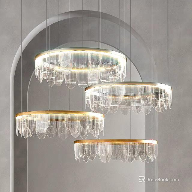 Modern Round Crystal Chandeliers With Gold Frame And Transparent Crystals Hanging In Interior 3d model 