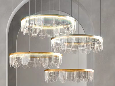 Modern Round Crystal Chandeliers With Gold Frame And Transparent Crystals Hanging In Interior 3d model