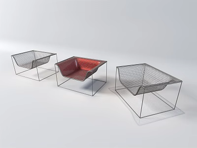 Three Modern Leisure Chairs With Metal Mesh Structure And Red Cushion Design 3d model