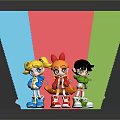 Three Animated Game And Movie Characters Standing On Colorful Panel Background With Heart Decorations