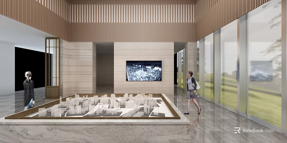 Modern Sales Office Interior Featuring Real Estate Model And Digital Display Screen 3d model 