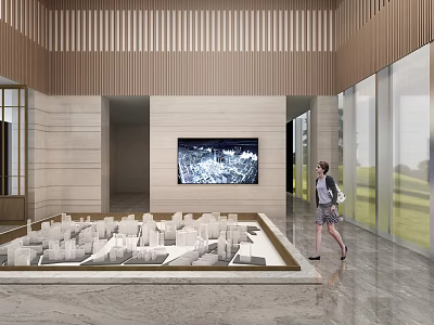 Modern Sales Office Interior Featuring Real Estate Model And Digital Display Screen 3d model