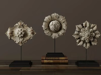 Vintage Floral Decorative Ornament Set with Intricate Carvings Black Bases and Stacked Books 3d model