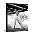 Black and White Female Figure Painting with Flowy Gown and Urban Street Scene Elements
