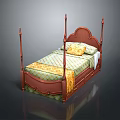People Resting On Red Wooden Four Poster Bed With Green Checkered Mattress And Yellow Pillow