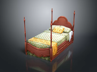 People Resting On Red Wooden Four Poster Bed With Green Checkered Mattress And Yellow Pillow 3d model