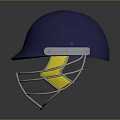 Blue Sports Helmet With Yellow Ear Guards And Metal Face Grill