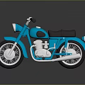 Blue Vintage Motorcycle with Black Seat Silver Engine Exhaust Pipe on Gray Background Reflective Surface