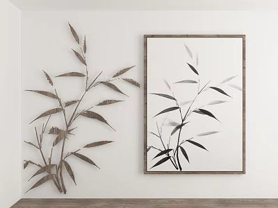 Bamboo Plant Painting And Real Bamboo Decoration In Room 3d model