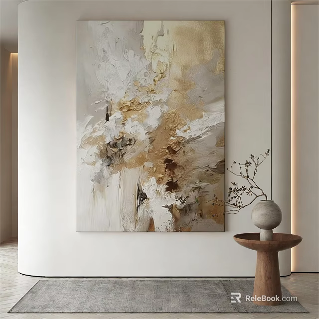 Abstract Painting With Beige Gold White Tones On White Wall Near Wooden Table Vase Branches 3d model 