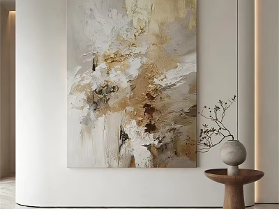 Abstract Painting With Beige Gold White Tones On White Wall Near Wooden Table Vase Branches 3d model